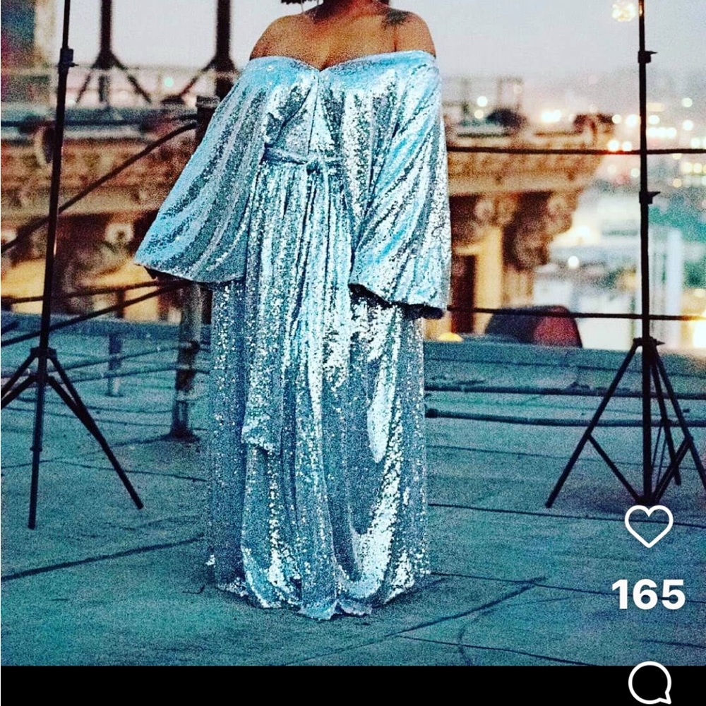 Zelie for She Silver Off-Shoulder Bishop Sleeve Gown